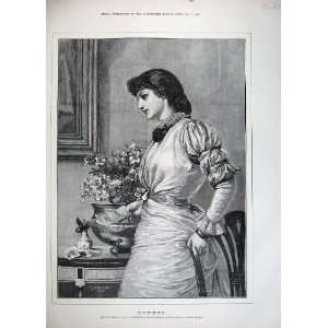  1883 Antique Portrait Beautiful Woman Flowers Letter