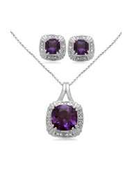   Cushion Amethyst and Diamond Ring, Pendant, Earring Box Set, Size 7