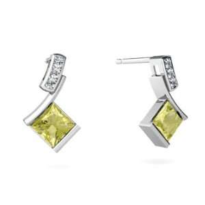    14K White Gold Square Genuine Lemon Quartz Drop Earrings: Jewelry