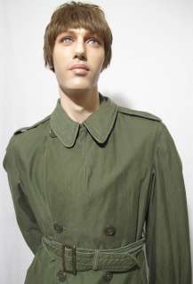 SALE Vtg 60s Army Green MILITARY Trench DOUBLE BUTTON Over Coat Long 