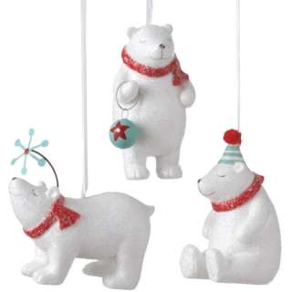 Set 3 White Glitter Red Scarf Polar Bear Christmas Ornament  
