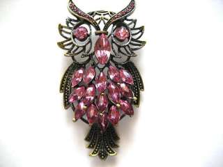 Vintage Repro Pink Crystal Rhinestone Marquise Feather Owl Fashion Pin 