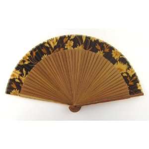  Japanese Silk Handheld Fan, Brown Trim with Flowers HF73 