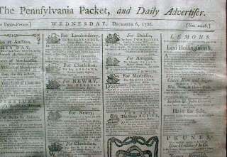 1786 Philadelphia newspaper w 3 front page SLAVE ADs   for Sale 