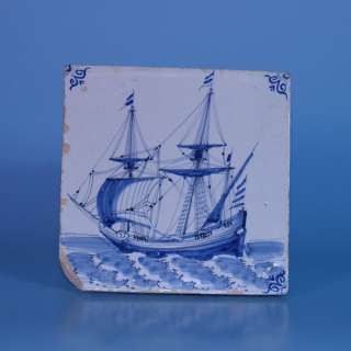 Wonderful Fine 17th century Dutch Delft blue tile Ship or 