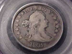 1805 PCGS F 12 Rare B 4 R4 Variety Draped Bust Quarter Nice Coin 