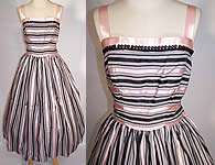  Vintage Pink & Black Stripe Silk Satin Ribbon Circle Skirt Party Dress