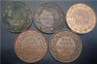 1911 1912 1913 1914 1915 Canadian Large Cents   5 Coins / 1 Lot  
