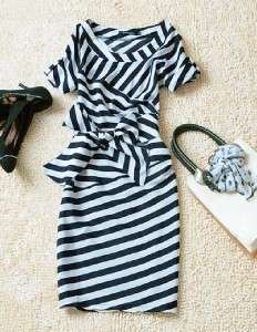 New Black White Striped Tie Waist Short Sleeve Slim Dress Sz S M 