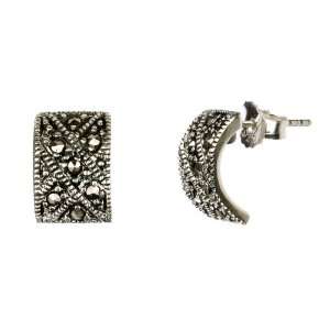  Sterling Silver Post Marcasite Flat Hoop Earrings Jewelry