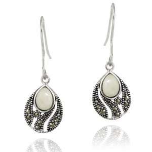   Silver Mother of Pearl & Marcasite Teardrop Dangle Earrings Jewelry