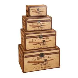    Set of Four Fly the World Wooden Storage Trunks