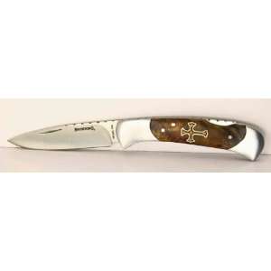   Burl Wood Knife with Custom Maple Wood Cross Inlay 