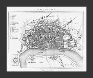 ANTWERP, Belgium, 1874 City Map, 20 Points of Interest  