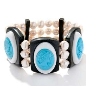 Italy Cameo Simulated Turquoise & Cultured Pearl 3 Row Stretch 