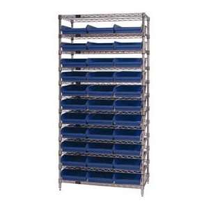  18x36x74 Chrome Wire Shelving With 33 4H Shelf Bins Blue 