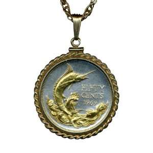  Coin Necklaces in Gold Filled Bezels   Bahamas 50 cent Silver coin 