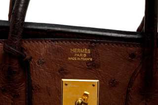 Hermes 30cm Marron Fonce Brown Ostrich Birkin Bag with Gold Hardware 