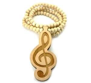 WOODEN TREBLE CLEF PENDANT + 36 INCH NECKLACE CHAIN WOOD BEADED GOOD 