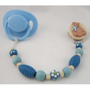  Baby Blue Wooden Teddy Bear Pacifier Clip: Baby