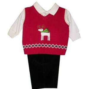 Infant or Toddler Boys Red Sweater Vest with Reindeer Pants Set Size 3 
