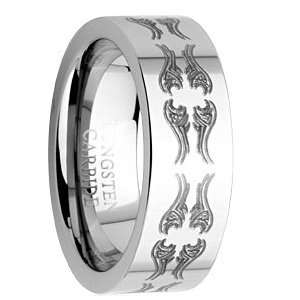 : 8MM Men Tungsten Ring Wedding Band with Laser Etched Tribal Tattoo 