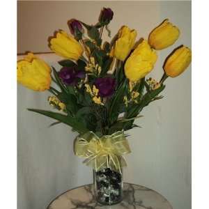   Bright Yellow Tulip & Purple Rose Floral Arrangement