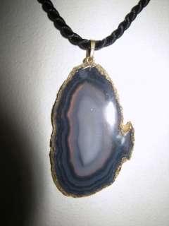 New Natural Pewter Gray Agate Geode Slice Gold Dip Pendant 2 1/2X 1 
