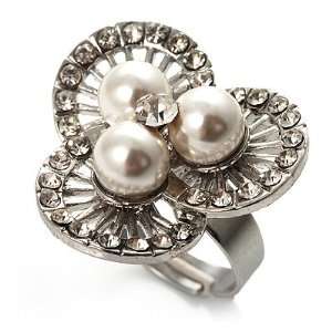  3 Petal Flower Faux Pearl Cocktail Ring (Silver Tone 
