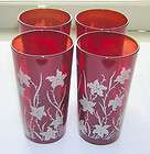 Set of 4 Ruby Red Glass Tumblers w White Lilies Daylily
