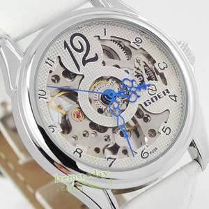 GOER NEW WHITE SKELETON WATCH WOMEN LADY AUTOMATIC SEE THROUGH LEATHER 