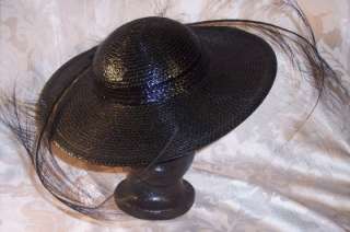 Vtg ADOLFO Wide Brim Straw Hat w/ Rhinestone & Feathers  