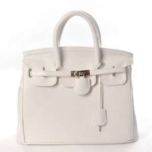   Picks Handbag Faux Leather Tote Purse with Lock & Key White Beauty