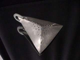 special triangle shape tea strainer on stand, art deco, pewter  