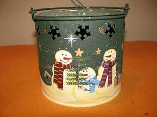 Happy Holidays Snowman Family Votive Candle Pail Mint  