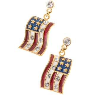 Patriotic American Flag Charm Crystal Earrings Gold  