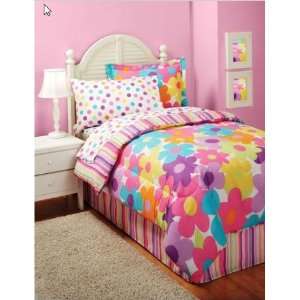  Bright Flowers & Polka Dots Girls Twin Comforter Set (6 