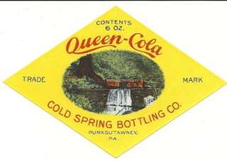 Queen Cola Soda Label Cold Spring Bottling Punxsutawney  