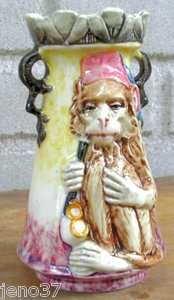 ANTIQUE MAJOLICA Monkey Smoking Pipe Wearing Fez Handled Vase~Rare 