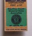 1940s Matchbook PinUp American Legion Mount Union PA MB