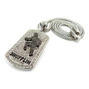 LMFAO Sufflin Iced Out Dog Tag Necklace 4mm 36 Franco Chain Silver 