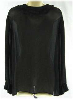 CHICOS Semi Sheer Black Silk Blouse with Layered Lace Ruffle Trim 