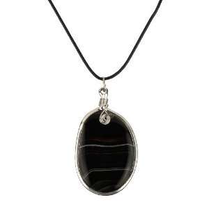  Base Metal and Dyed Black Agate Pendant on Leather Cord 