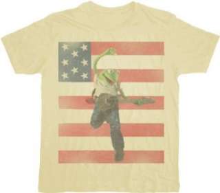   Muppets Kermit the Frog Guitar USA Flag Beige T shirt Tee Clothing