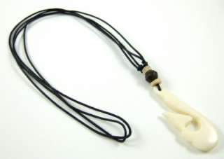 MAORI CARVED BONE WHALE TAIL FISH HOOK necklace ; CA044  