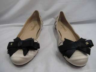 Chanel Champagne Pleated Satin Black Bow Ballet Flats 40  