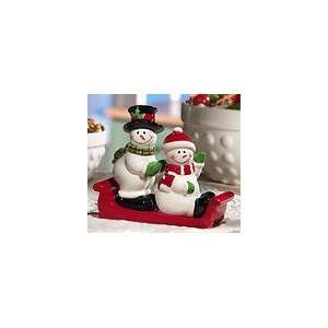  Snowman on Sled Salt Pepper Set Ceramic Christmas Holiday 