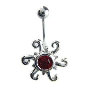  Red Crystal Rippling Sun Belly Button Ring   Red CZ 