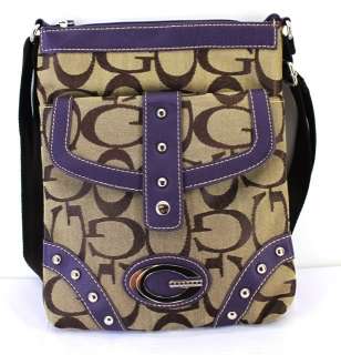 New With Tags G Jacquard Studded Purple Brown Messenger Bag  