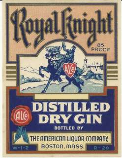 Royal Knight Distilled Dry Gin Label Boston,Ma.  